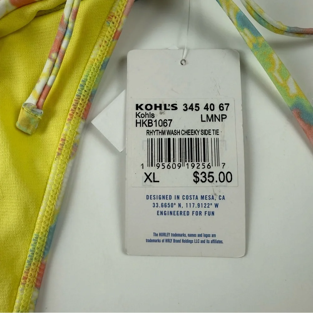 Hurley Bikini Bottom Womens XL Yellow Multi Tie Dye Rhythm Wash Side Tie NWT